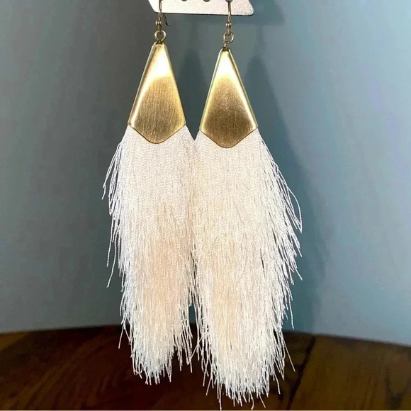 GOLD TONE & IVORY TASSELED PIERCED EARRINGS - Picture 3 of 6